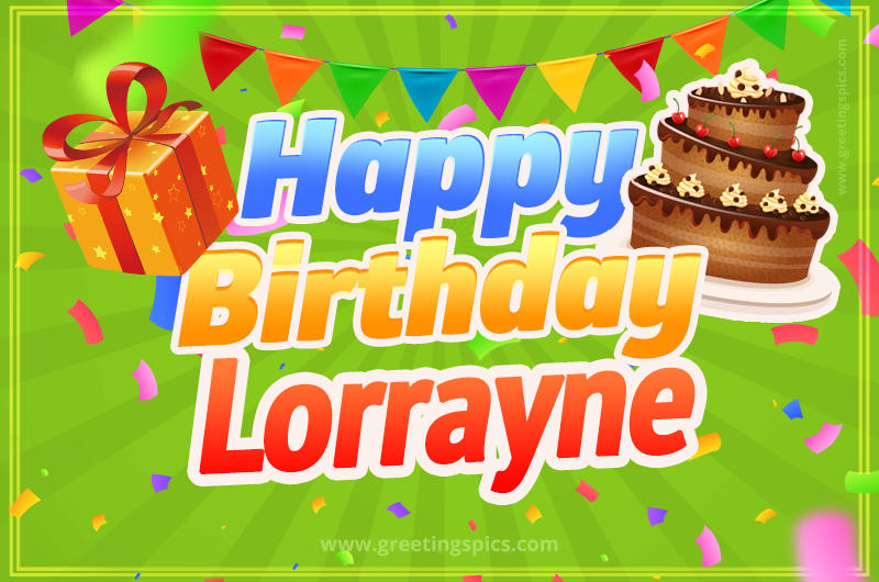 Happy Birthday Lorrayne picture with flags, chocolate cake and gift box