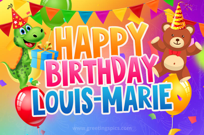 Happy Birthday Louis-Marie Image for a child with cute dinosaur and bear