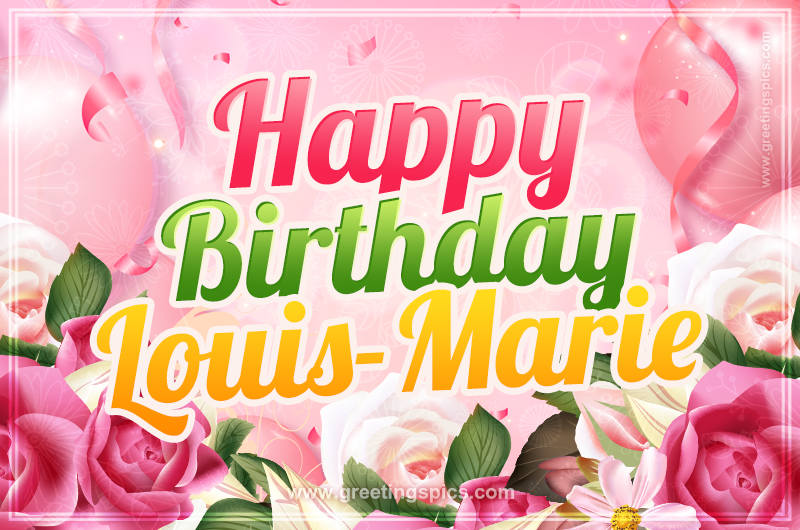 Image with gentle pink background and flowers Happy Birthday Louis-Marie