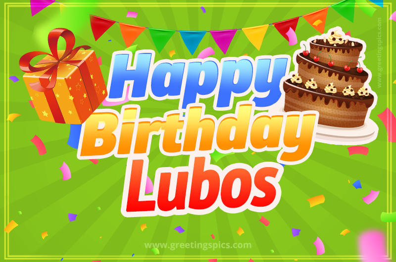 Happy Birthday Lubos picture with flags, chocolate cake and gift box