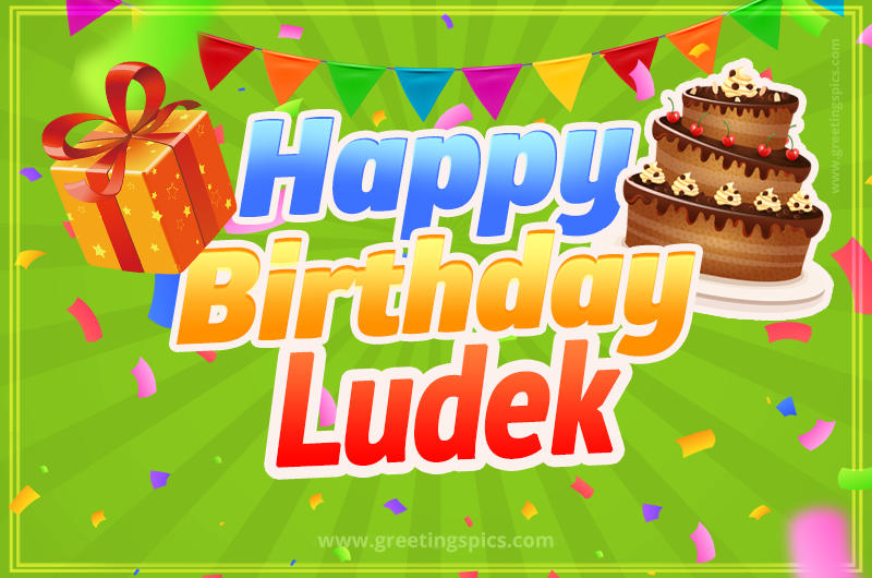 Happy Birthday Ludek picture with flags, chocolate cake and gift box