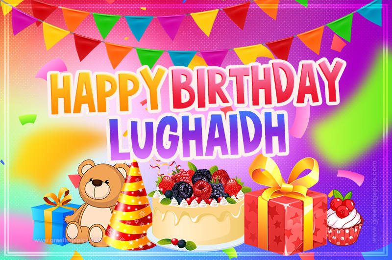 Bright card with Wishes for a Happy Birthday for Lughaidh