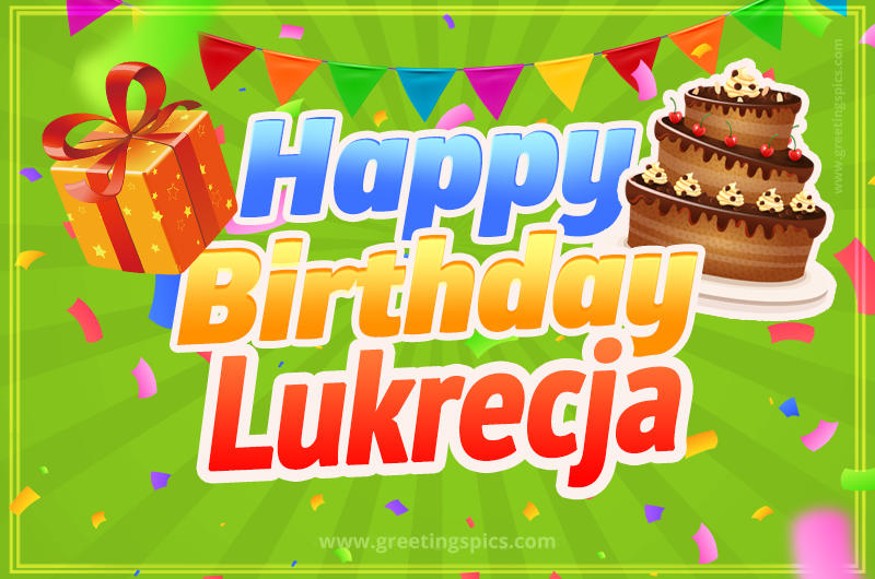 Happy Birthday Lukrecja picture with flags, chocolate cake and gift box