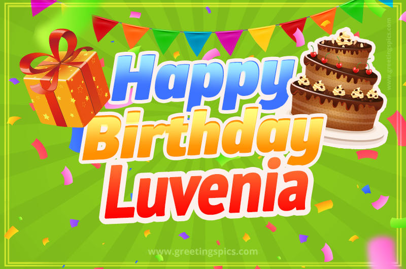 Happy Birthday Luvenia picture with flags, chocolate cake and gift box