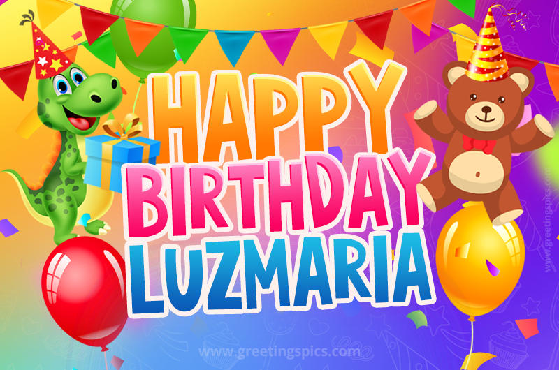 Happy Birthday Luzmaria Image for a child with cute dinosaur and bear