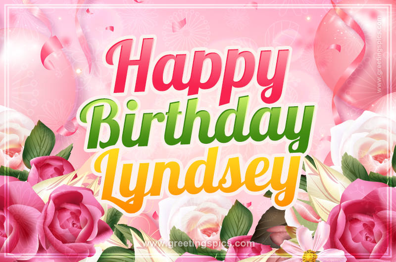 Image with gentle pink background and flowers Happy Birthday Lyndsey