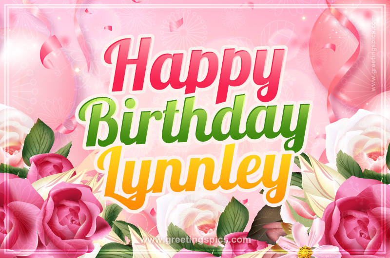 Image with gentle pink background and flowers Happy Birthday Lynnley