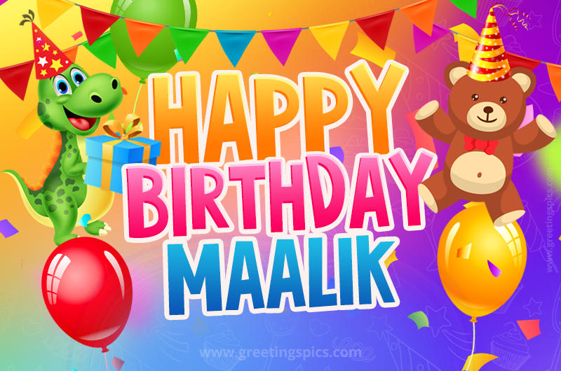 Happy Birthday Maalik Image for a child with cute baby dinosaur and bear