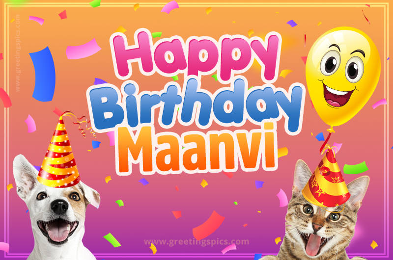 Happy Birthday Maanvi Funny Image with cat and dog