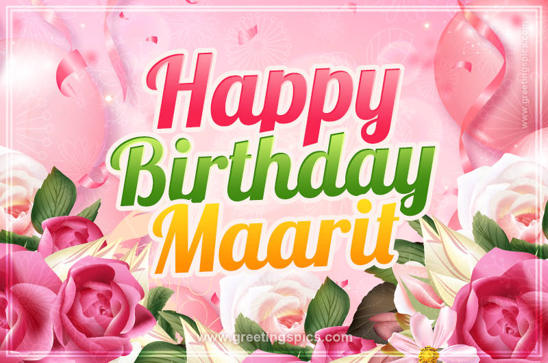 Image with gentle pink background and flowers Happy Birthday Maarit