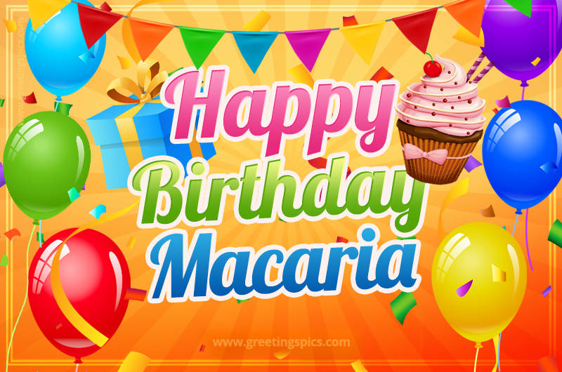 Happy Birthday Macaria eCard with gift box and cupcake