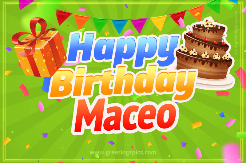 Happy Birthday Maceo picture with flags, chocolate cake and gift box