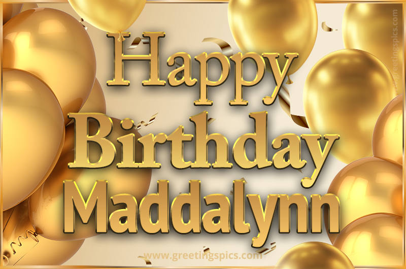 Happy Birthday Maddalynn Card with golden confetti and balloons