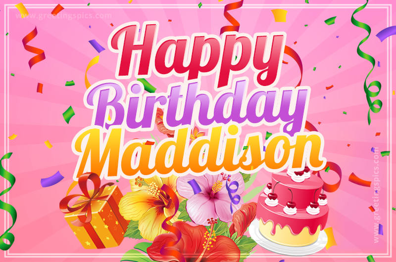 Beautiful Birthday Card for Maddison with Cake and bouquet of flowers