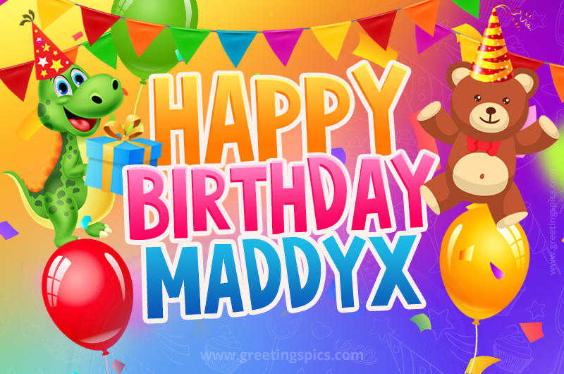 Happy Birthday Maddyx Image for a child with cute dinosaur and bear