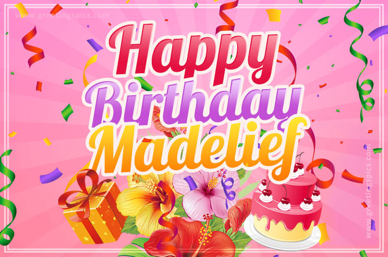 Beautiful Birthday Card for Madelief with Cake and bouquet of flowers