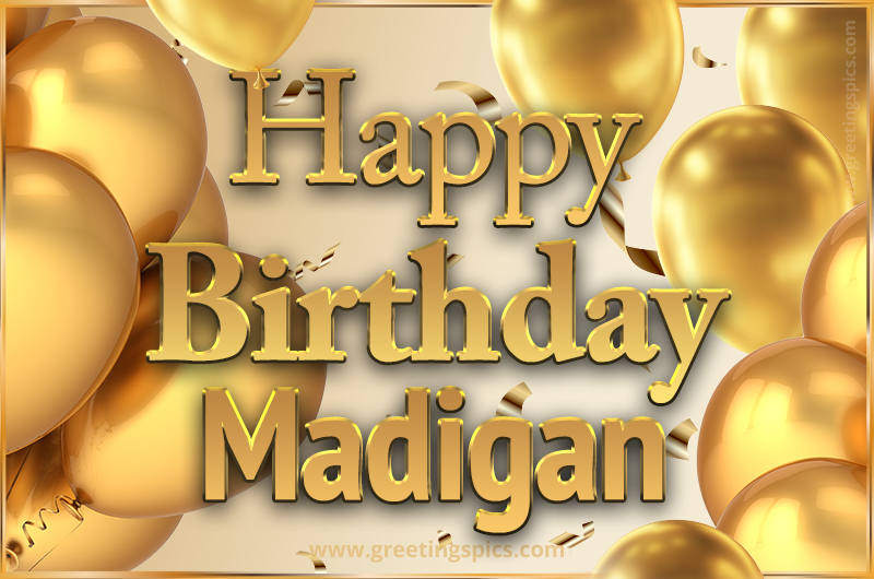 Happy Birthday Madigan Card with golden confetti and balloons