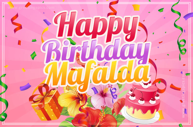 Beautiful Birthday Card for Mafalda with Cake and bouquet of flowers