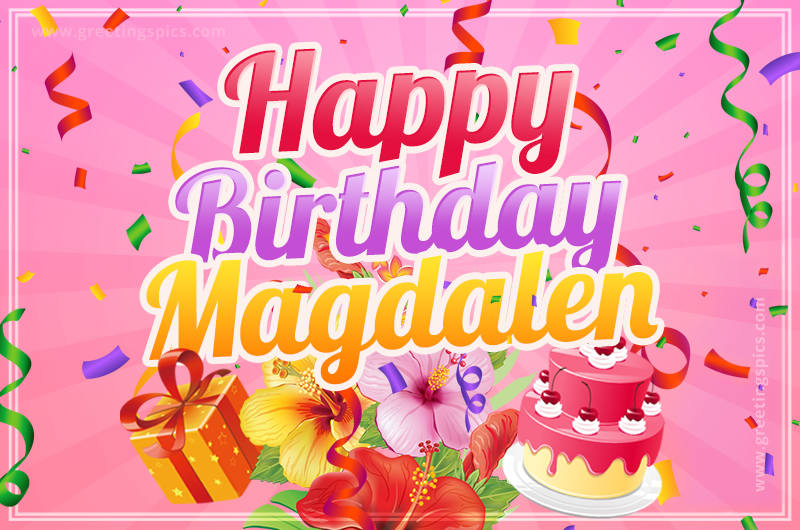 Beautiful Birthday Card for Magdalen with Cake and bouquet of flowers