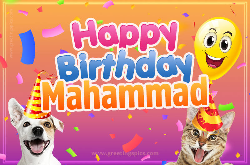 Happy Birthday Mahammad Funny Image with cat and dog