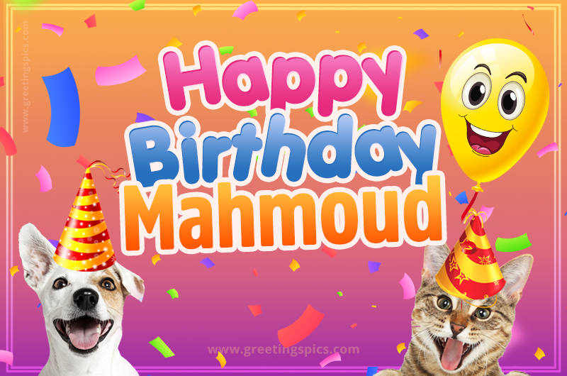 Happy Birthday Mahmoud Funny Image with cat and dog