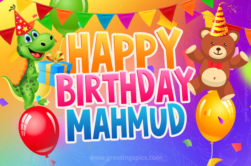 Happy Birthday Mahmud Image for a child with cute baby dinosaur and bear