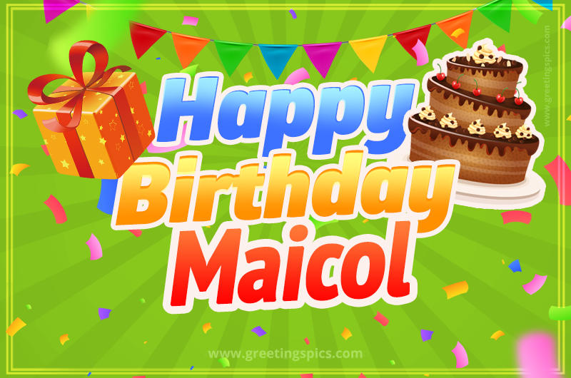 Happy Birthday Maicol picture with flags, chocolate cake and gift box