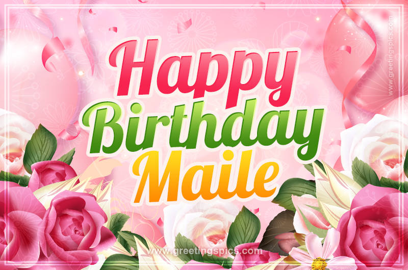 Image with gentle pink background and flowers Happy Birthday Maile