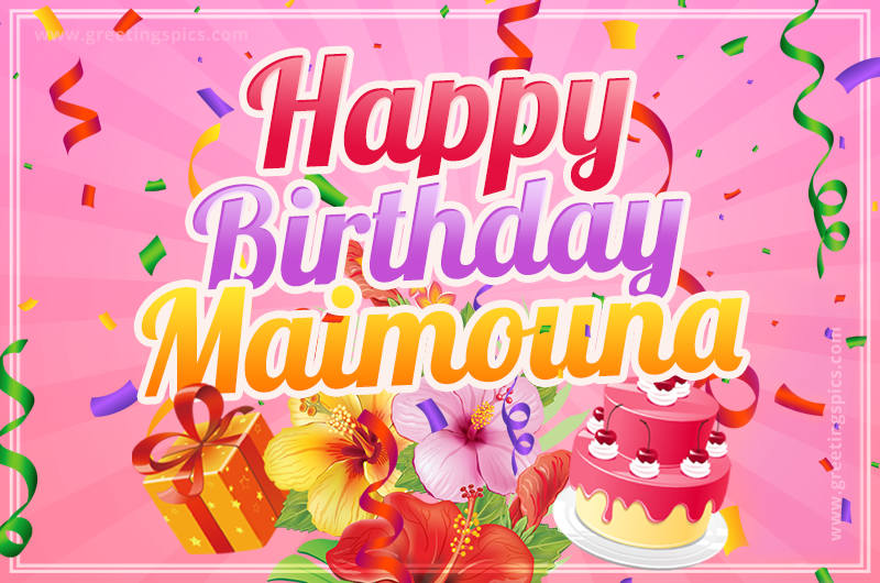 Beautiful Birthday Card for Maimouna with Cake and bouquet of flowers