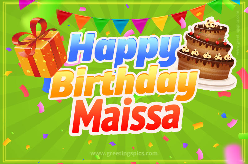 Happy Birthday Maissa picture with flags, chocolate cake and gift box