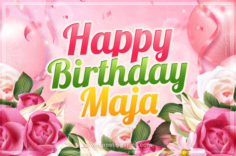 Image with gentle pink background and flowers Happy Birthday Maja