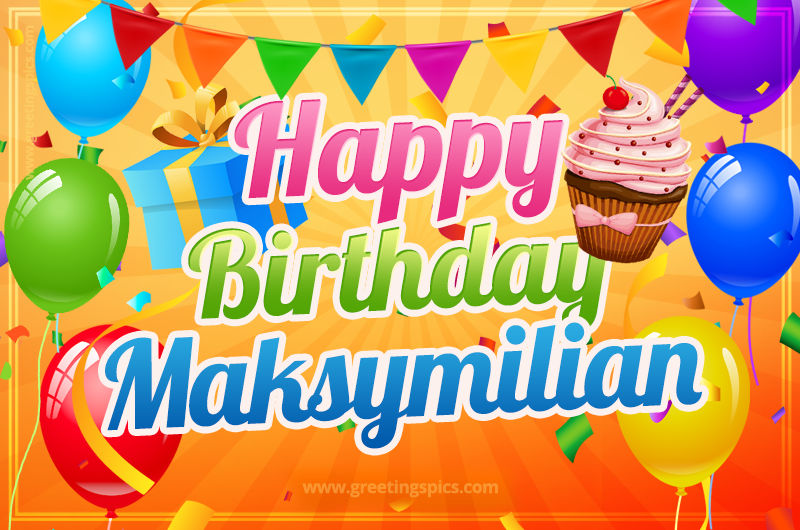 Happy Birthday Maksymilian eCard with gift box and cupcake