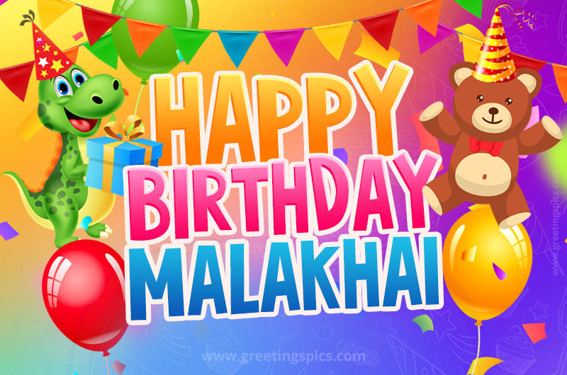 Happy Birthday Malakhai Image for a child with cute baby dinosaur and bear