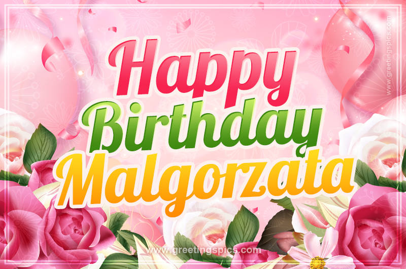 Image with gentle pink background and flowers Happy Birthday Malgorzata