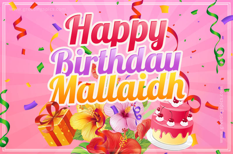 Beautiful Birthday Card for Mallaidh with Cake and bouquet of flowers