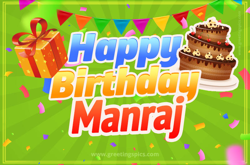 Happy Birthday Manraj picture with flags, chocolate cake and gift box