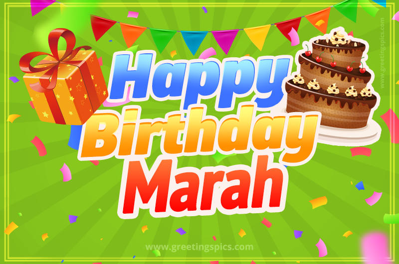 Happy Birthday Marah picture with flags, chocolate cake and gift box