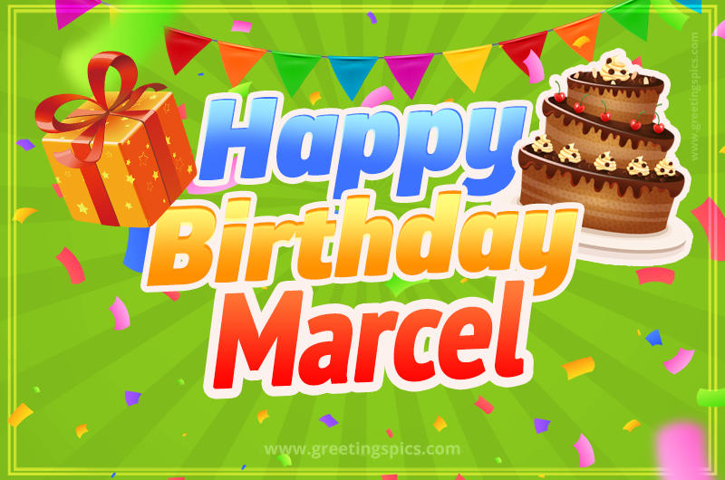 Happy Birthday Marcel picture with flags, chocolate cake and gift box