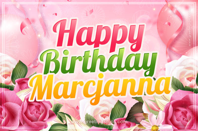 Image with gentle pink background and flowers Happy Birthday Marcjanna