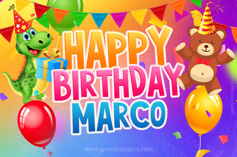 Happy Birthday Marco Image for a child with cute baby dinosaur and bear