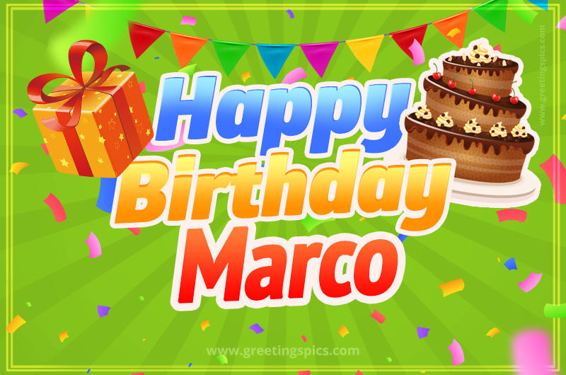 Happy Birthday Marco picture with flags, chocolate cake and gift box