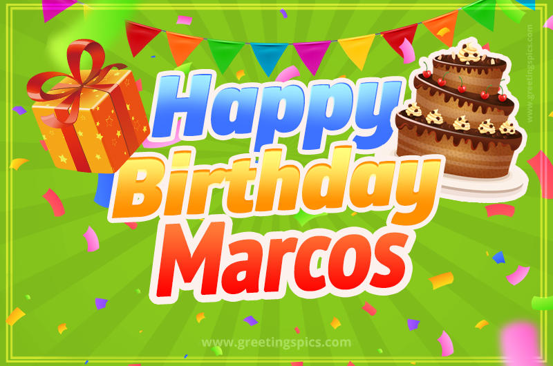 Happy Birthday Marcos picture with flags, chocolate cake and gift box