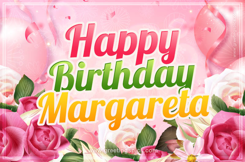 Image with gentle pink background and flowers Happy Birthday Margareta