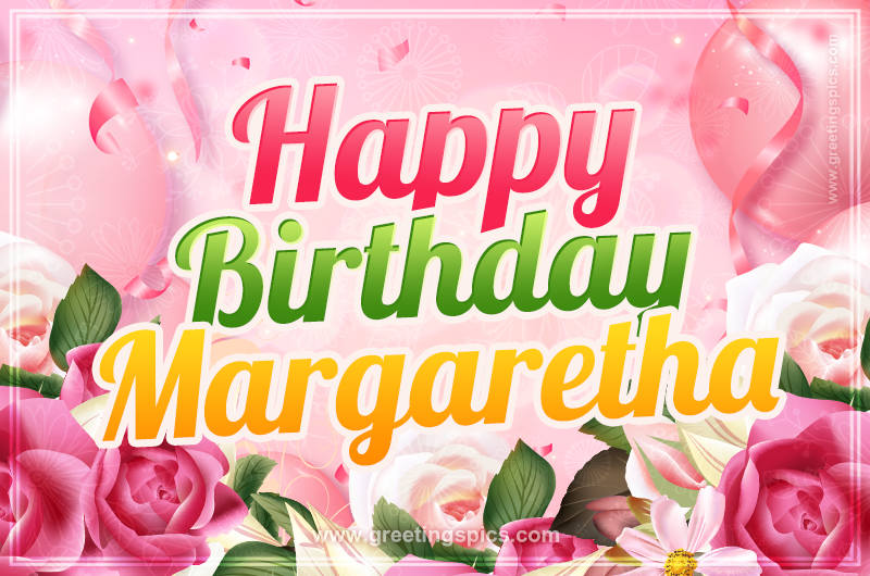 Image with gentle pink background and flowers Happy Birthday Margaretha