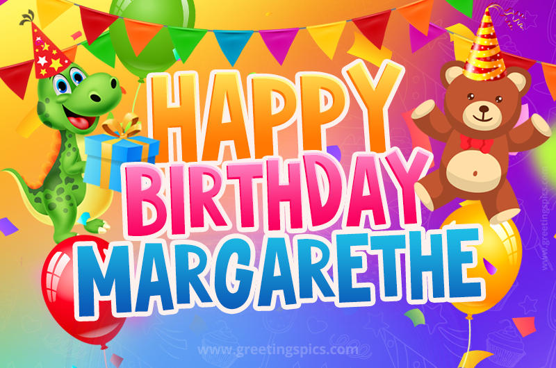 Happy Birthday Margarethe Image for a child with cute dinosaur and bear