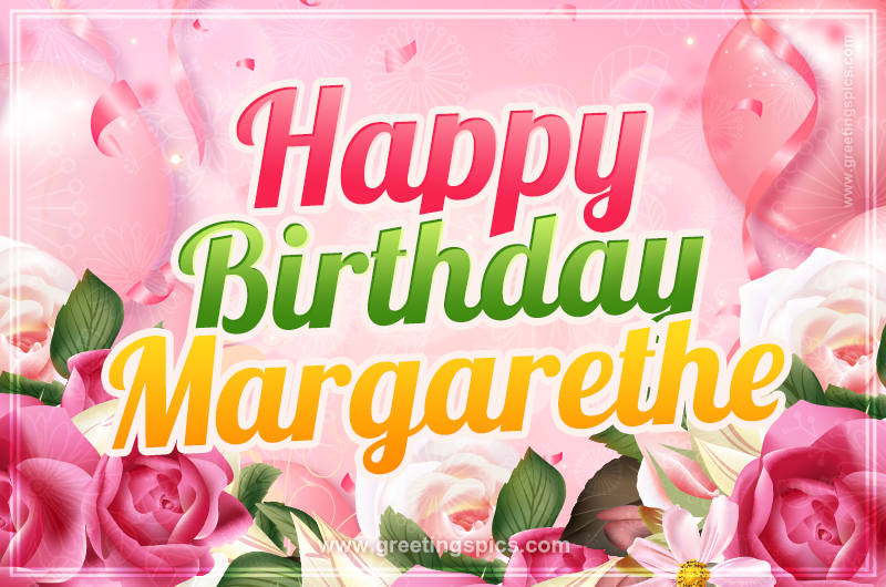 Image with gentle pink background and flowers Happy Birthday Margarethe