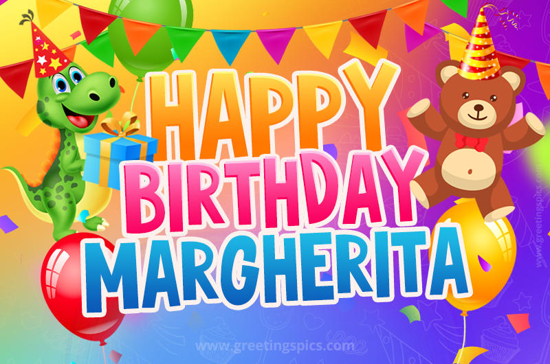 Happy Birthday Margherita Image for a child with cute dinosaur and bear