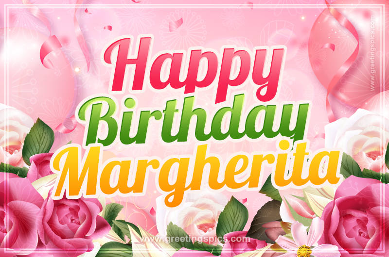 Image with gentle pink background and flowers Happy Birthday Margherita