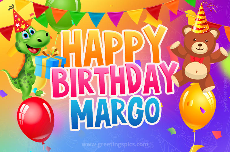 Happy Birthday Margo Image for a child with cute dinosaur and bear