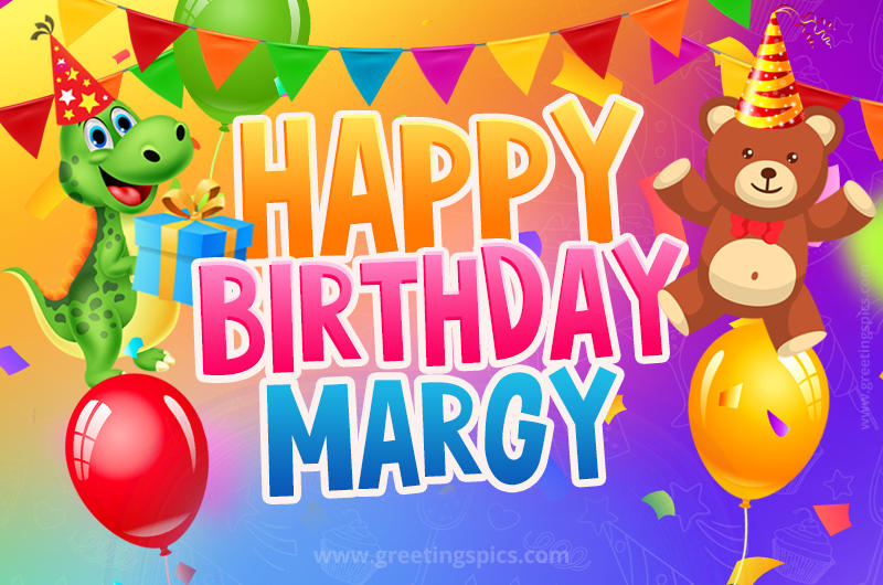 Happy Birthday Margy Image for a child with cute dinosaur and bear